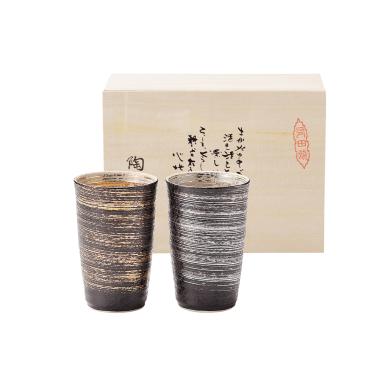 陶悦窯　金銀刷毛 ペア陶酒杯　オリジナル木箱